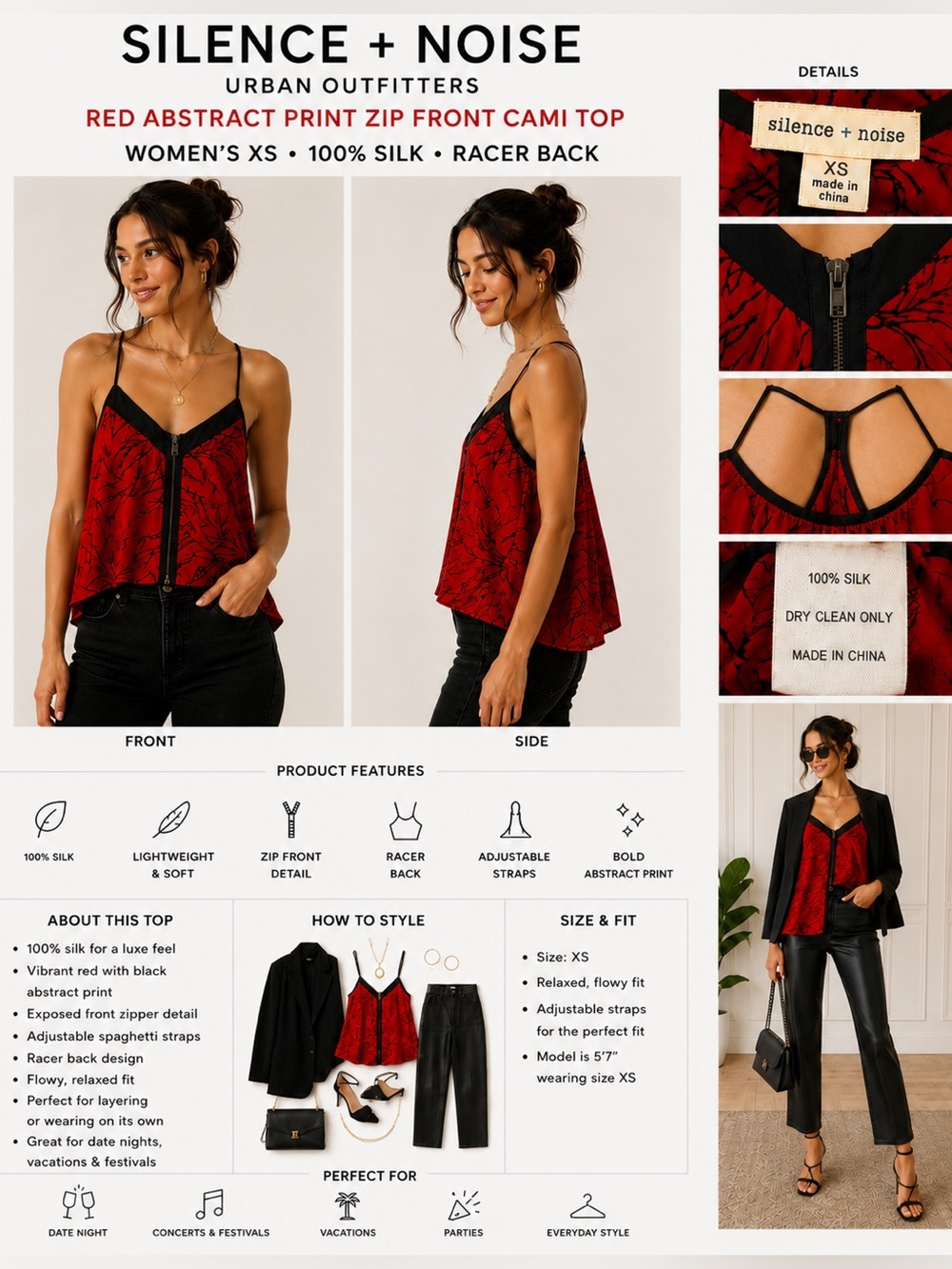 Silence + Noise Silk Red Abstract Print Zip Front Cami Top XS Urban Outfitters